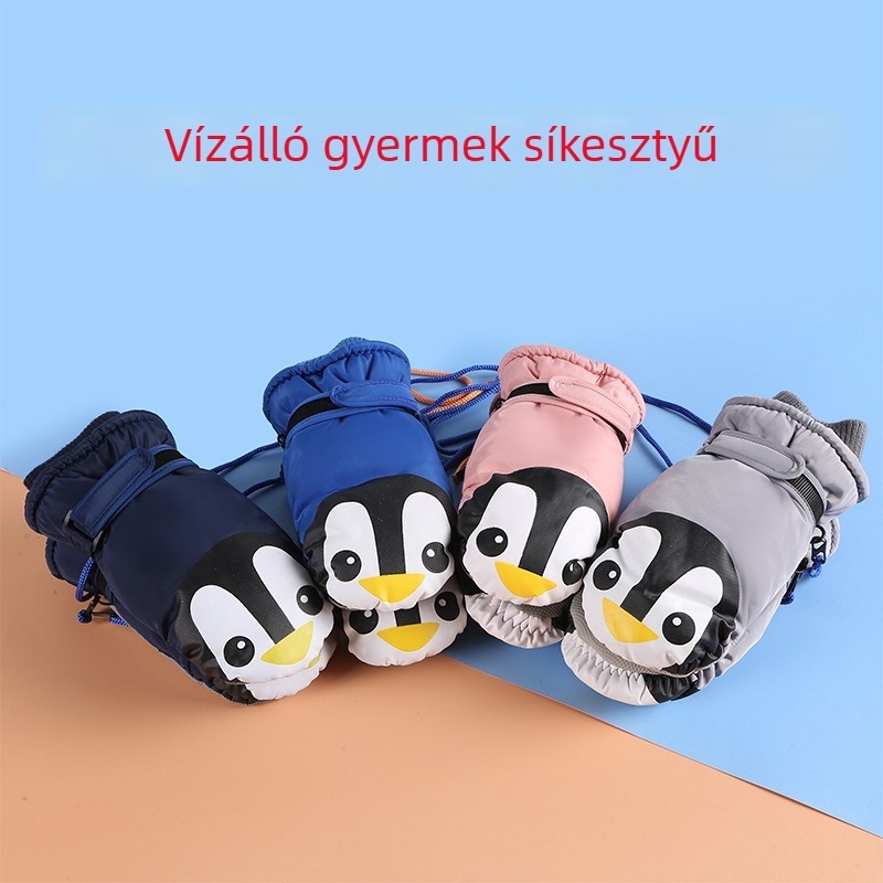 Téli gyerek síkesztyűk, meleg, vastag fleece bélés, vízálló és szélálló, pingvin mintával