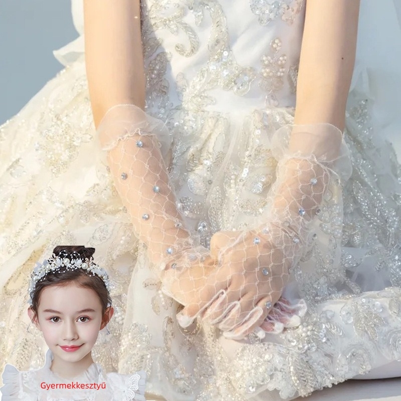 Fehér gyerekruha csipkés kesztyűkkel és zenedobozzal, hercegnő témájú születésnapi rendezvényhez, viráglány előadás, gyémánt díszítéssel