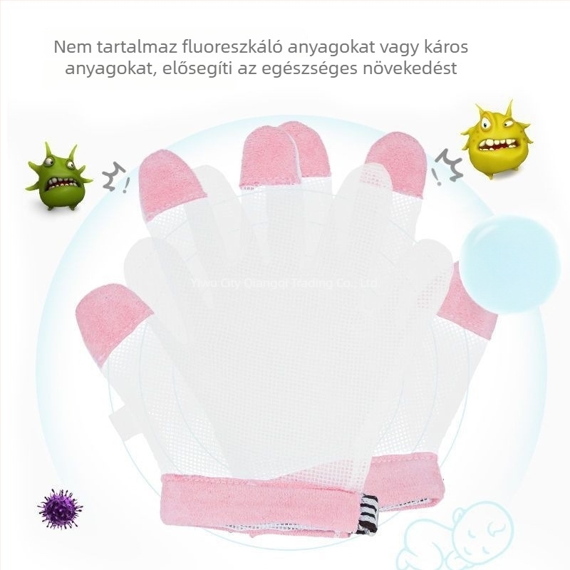 Teljesen fedő ötujjas babakesztyű, amely megelőzi a hüvelykujj szopását, a körömharapást és a húzást – ortodontikus eszköz a szokások korrigálásához