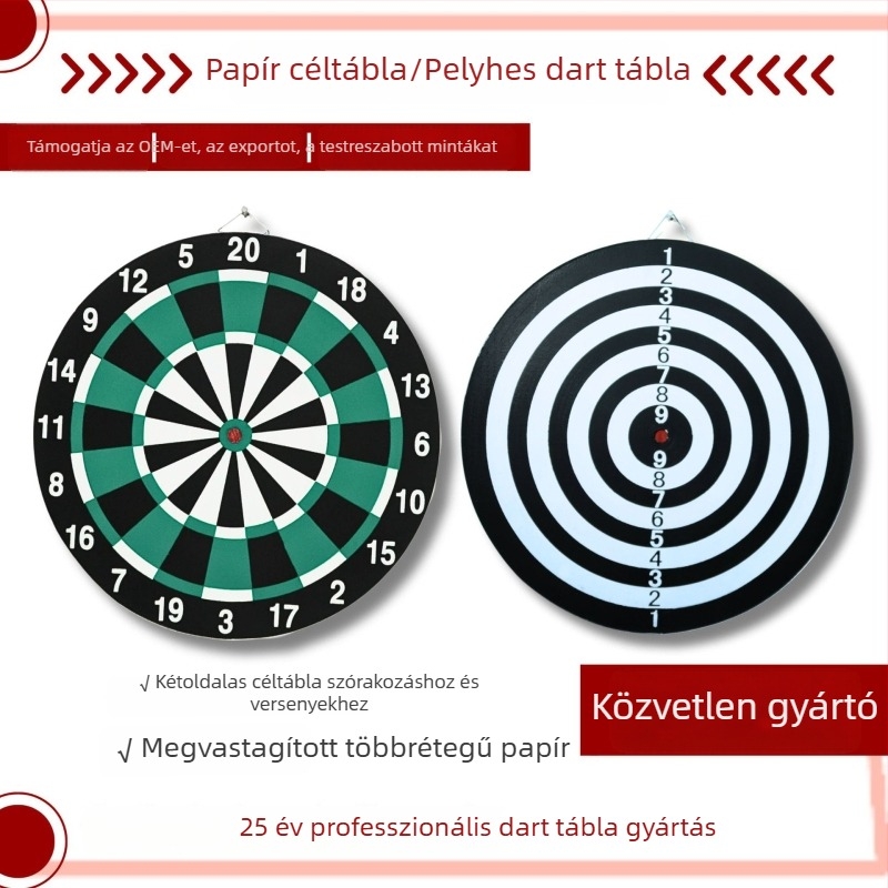 12, 15 és 17 hüvelykes papír darts tábla flockos felülettel és tűs célrendszerrel, kétoldalas szórakozásra és versenyekre