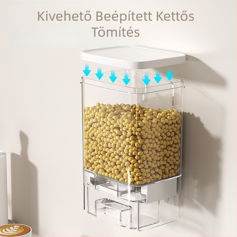 Szegély falra szerelt gabonatároló tartály, négyszögletes, zárható, rovar- és nedvességálló, konyhai tároló