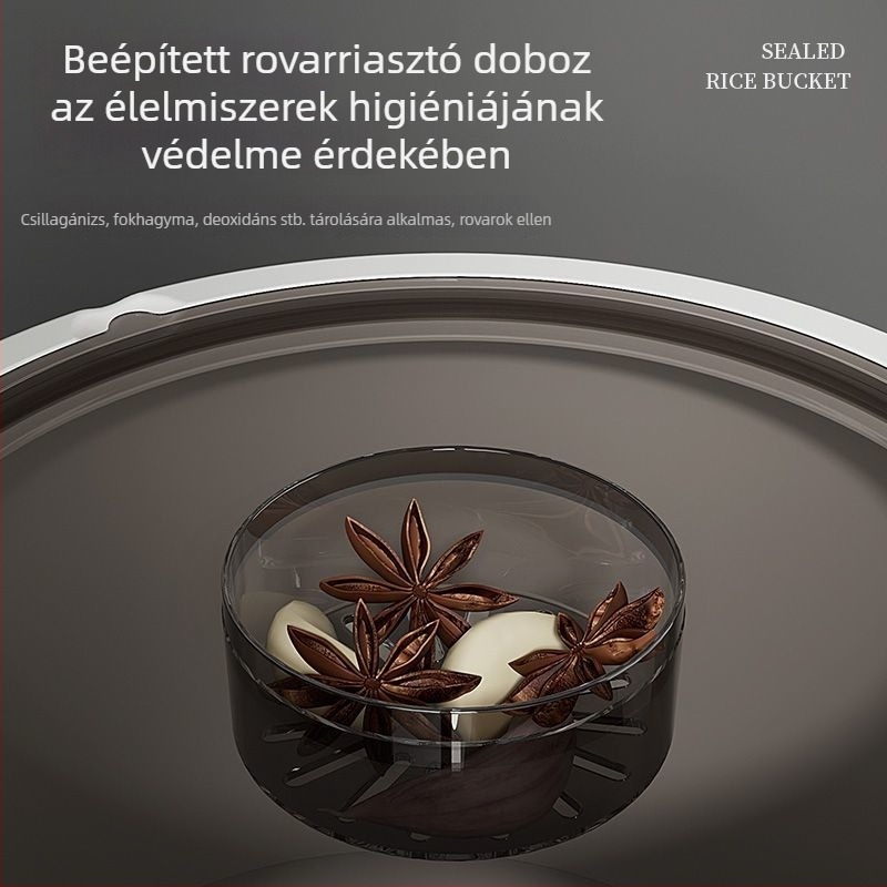 Rizstároló és liszt tároló, zárható, nedvesség- és rovarmentes, 4–5 literes kapacitás