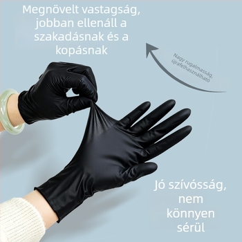 Egyszer használatos nitril kesztyűk, vastagított és kopásállóak, fekete, élelmiszer-biztonsági minőségű, csúszásmentes textúrájú, konyhai és háztartási használatra, szépségápoláshoz/fodrászathoz
