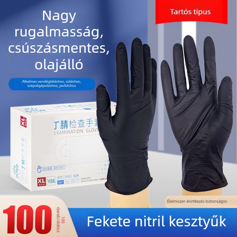 Egyszer használatos nitril kesztyűk, vastagított és kopásállóak, fekete, élelmiszer-biztonsági minőségű, csúszásmentes textúrájú, konyhai és háztartási használatra, szépségápoláshoz/fodrászathoz
