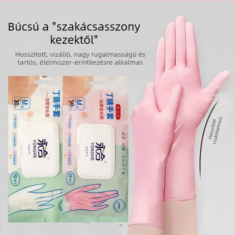 Konyhai használatra készült mosogatós kesztyűk, hosszúak és vastagok, kopásállóak, szoros illeszkedésűek, vízállóak, edények mosására, ruhák mosására és háztartási feladatokra