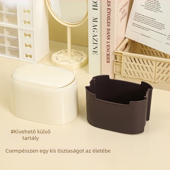 Krémszínű asztali szemetes fedővel és nyomógombos nyitómechanizmussal, háztartási használatra
