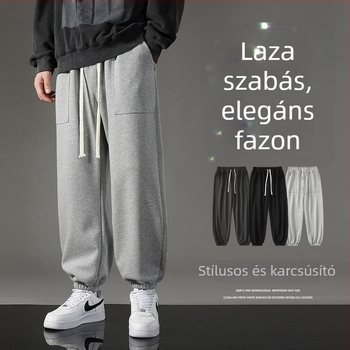 Férfi tavaszi laza szabású jogger nadrág, mandzsettás vég, egyszínű, hosszú