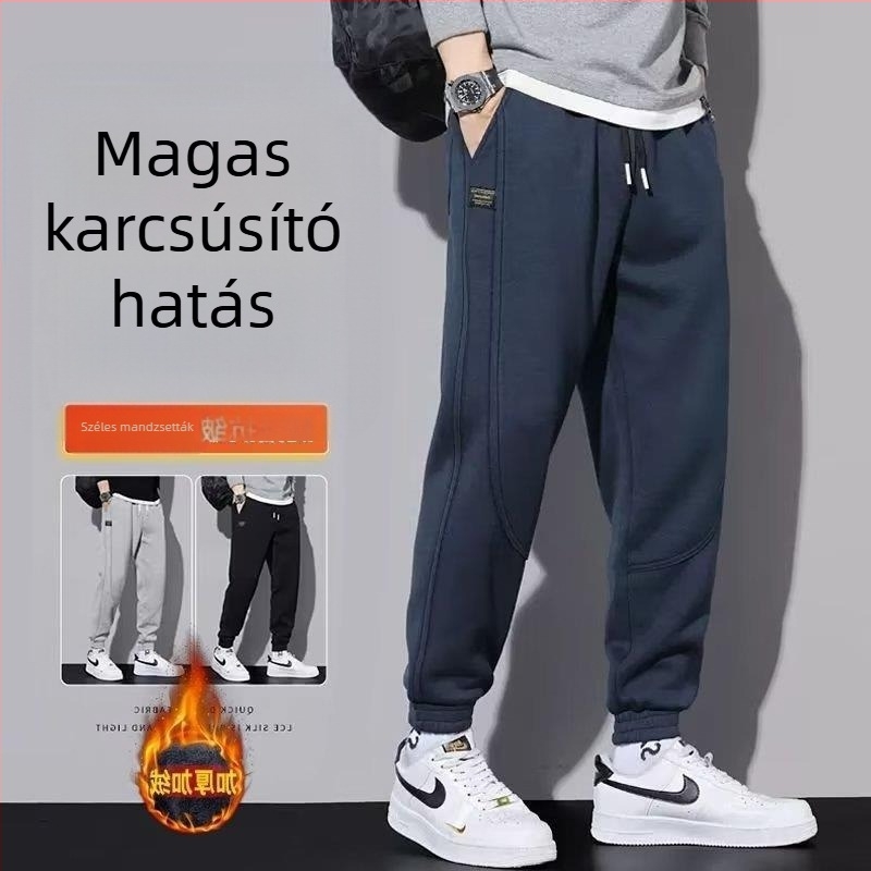 Férfi sportnadrág fleece béléssel, poliészter, lazán szabott, bokánál mandzsetta, őszi-téli, hétköznapi viselet
