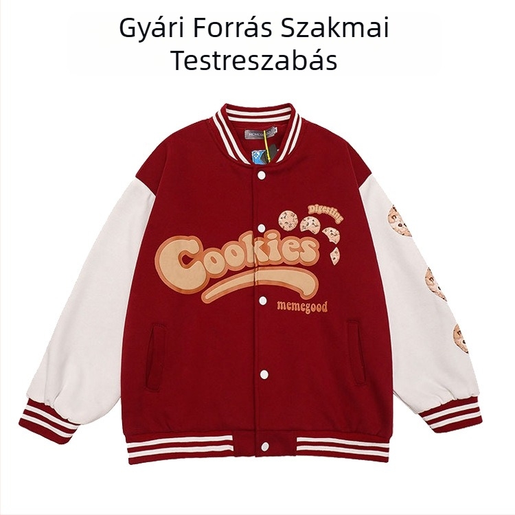 Férfi bordó fleece baseball kabát-kardigán retro stílusú, hímzett logóval, kerek nyakú, egysoros gombolású, vast anyag, méretek S-XXXL