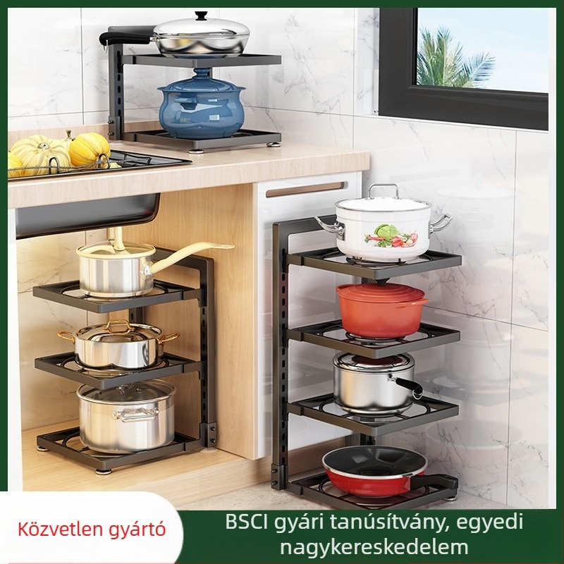 Konyhai többszintes serpenyőtartó állvány — pult melletti és sarokban használható, állítható mosogató alatti tároláshoz