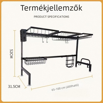 Konyhai asztali szárító állvány három rekesszel, edények és tányérok szárítására