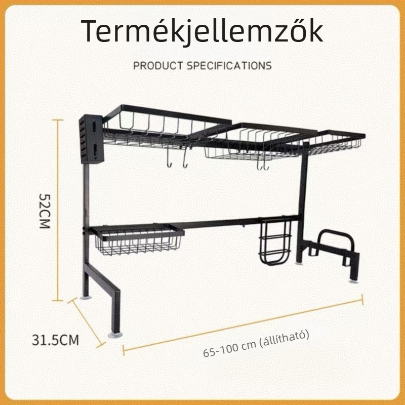 Konyhai asztali szárító állvány három rekesszel, edények és tányérok szárítására