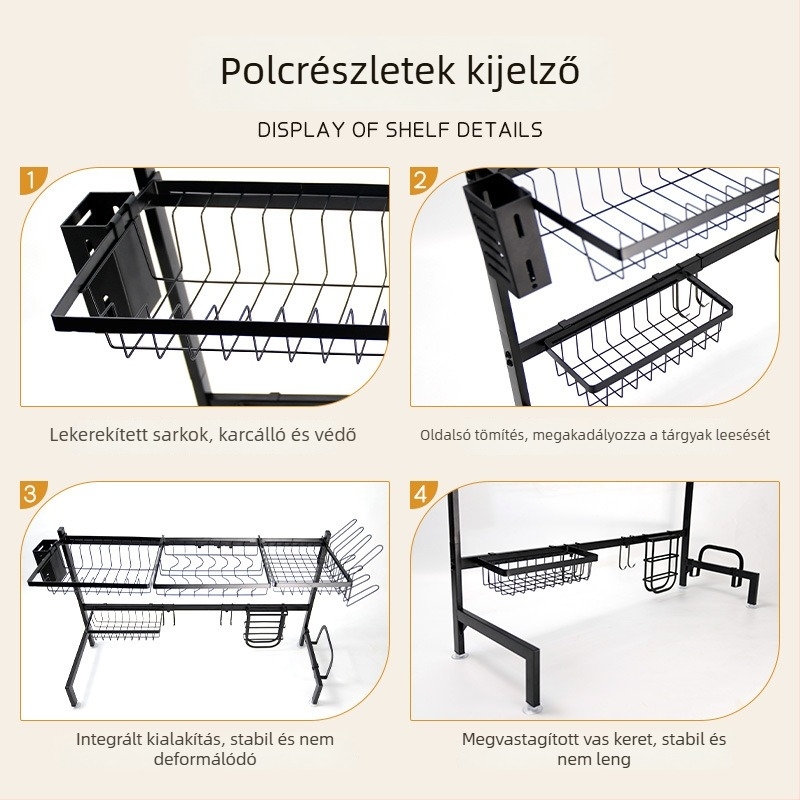 Konyhai asztali szárító állvány három rekesszel, edények és tányérok szárítására