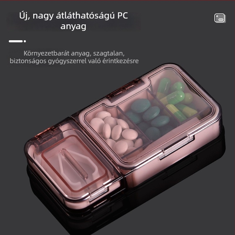 Hordozható tablettás doboz vágóval, 4 rekesz, zárt és nedvességálló, utazáshoz és elsősegélyhez