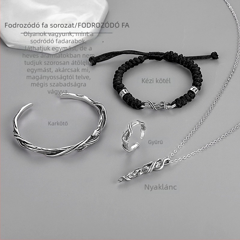Férfiaknak készült vintage fa karkötő szőtt zsinórral – minimalist stílus, ezüstös hatású