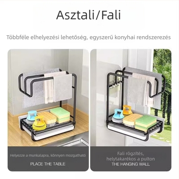 Lyukmentes konyhai tároló szivacsok és törlőkendők számára, falra szerelhető vagy a pulton elhelyezhető, lefolyóval