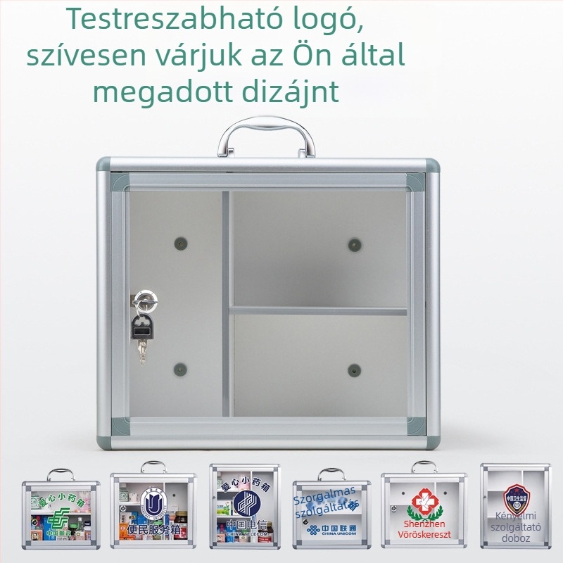 Zárható alumínium ötvözetű gyógyszeres doboz, több rekesz, falra szerelhető, logó nyomtatási lehetőséggel