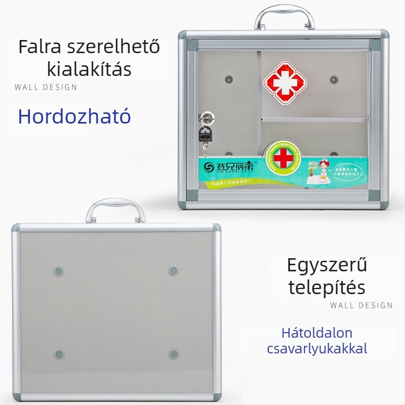 Zárható alumínium ötvözetű gyógyszeres doboz, több rekesz, falra szerelhető, logó nyomtatási lehetőséggel