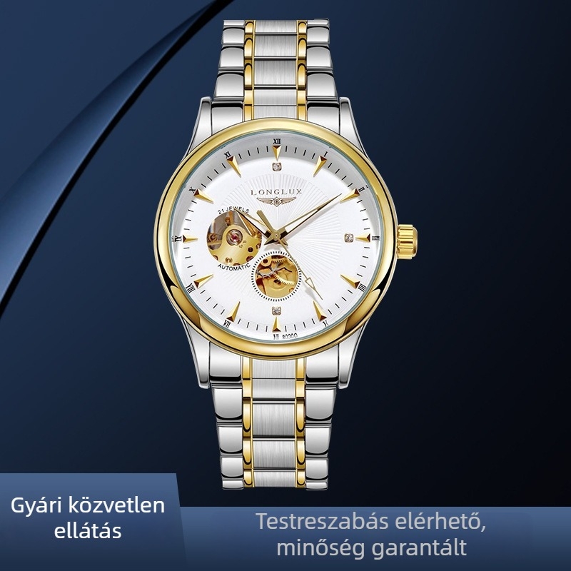 LONGLUX Férfi üreges dizájnú vízálló automata mechanikus karóra, 41 mm-es számlap, bőr szíj, 50 m vízállóság