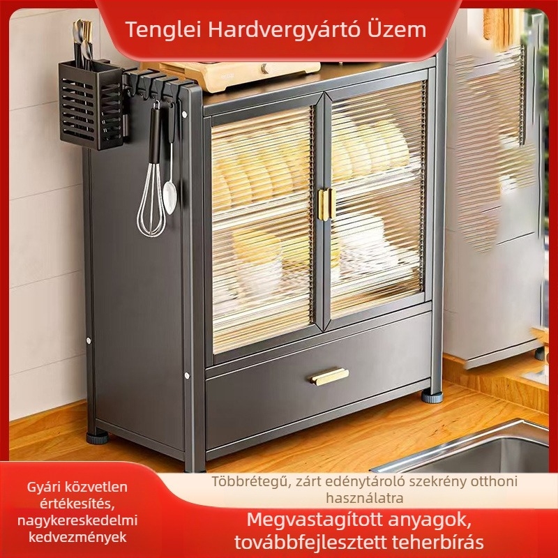 Többcélú edény- és evőeszköztartó állvány, konyhai tároló, szénacél, 45 cm
