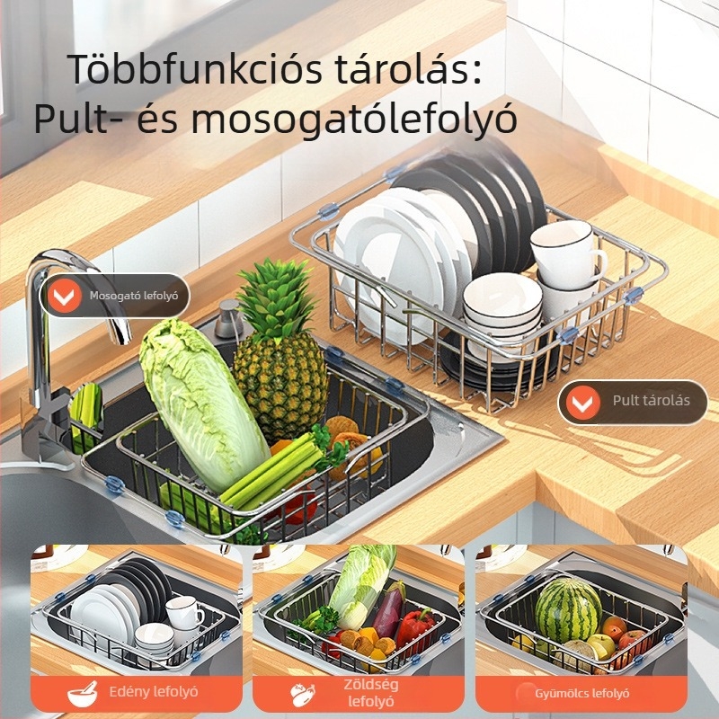 Wow Konyhai mosogató leeresztő állvány, többfunkciós rozsdamentes acél edény- és tálrács