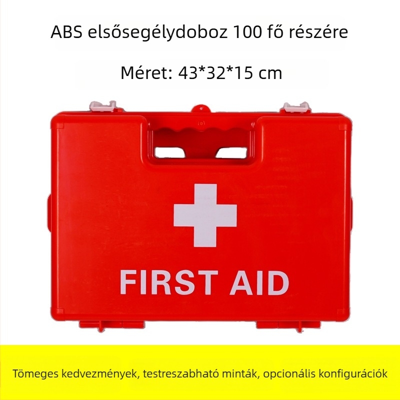 ABS elsősegély-készlet 100 személy részére – falra szerelhető, hordozható sürgősségi műanyag gyógyszeres doboz vállalati használatra, méretek 43×32×15 cm, szín testreszabható
