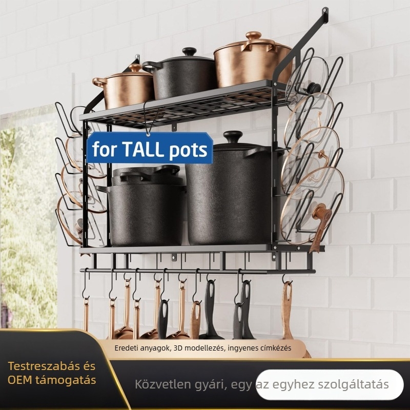 Fali tartó konyhai eszközök számára, edényekhez és serpenyőkhoz, fém, többfunkciós tárolópolc