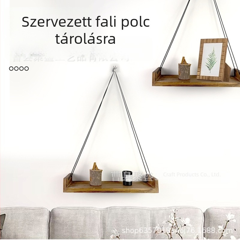 Fából készült, falra szerelhető display állvány kenderkötéllel – növények és szukkulensek bemutatására, virágtartóval és kis figurákkal