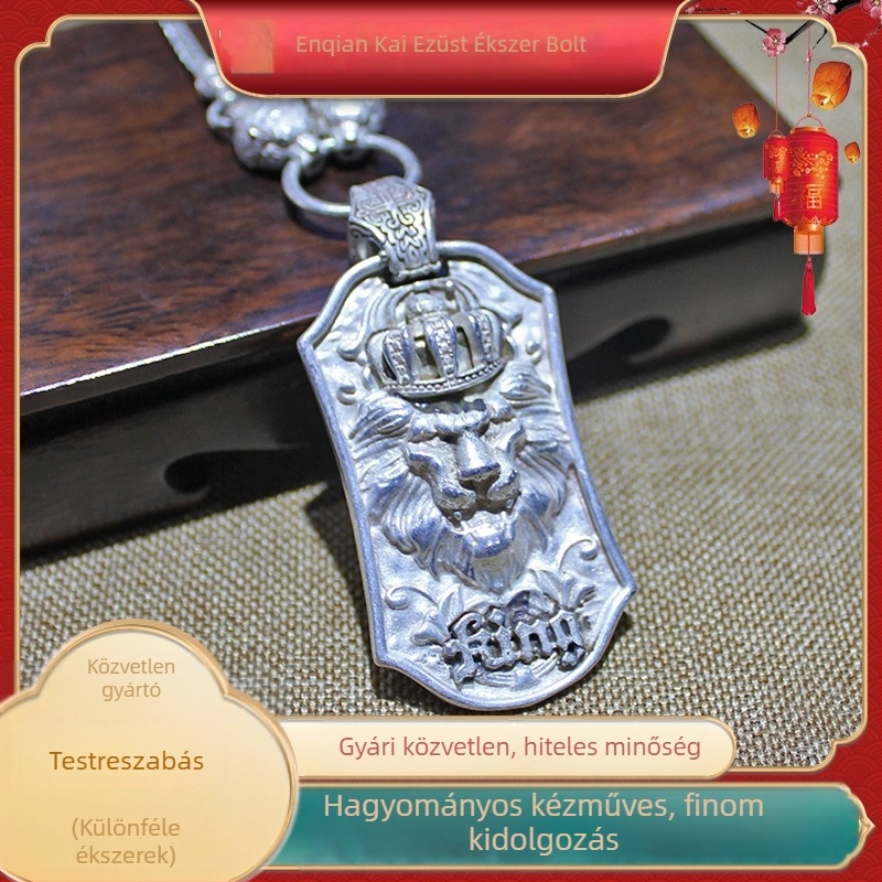 Ezüst nyaklánc medál oroszlán fejével, nyugati zodiákus motívum, kézzel készült, hagyományos mesterség, férfi lánc