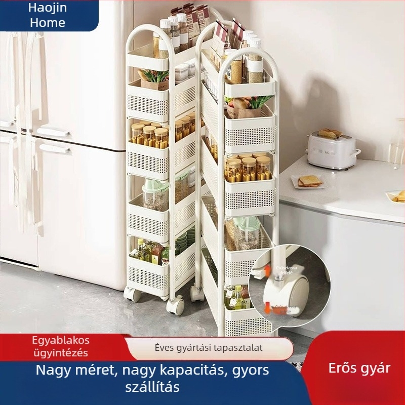 Padlón álló konyhai tároló, húzható polcokkal, mobil, 4 szintes fűszerállvány keskeny résekhez