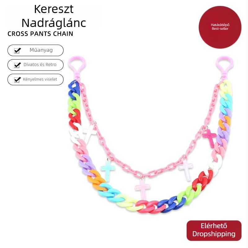 Hip-hop stílusú dupla deréklánc kereszt medállal, színes akrilból