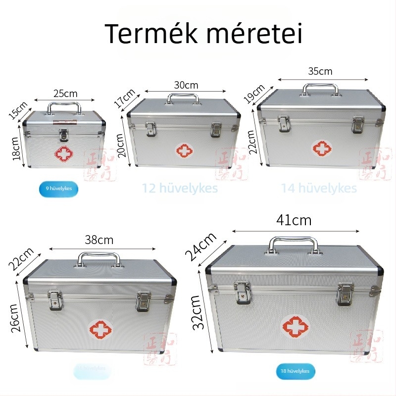 Hordozható elsősegély- és orvosi készlet alumíniumötvözetből, kétszintes orvosi doboz, méretek 9, 14 és 16 hüvelyk.