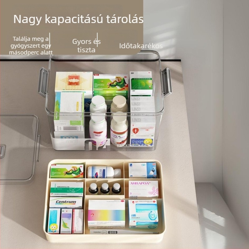 Otthoni használatra készült, többszintes gyógyszeres doboz, átlátszó, nagy kapacitású, 7 rekesz