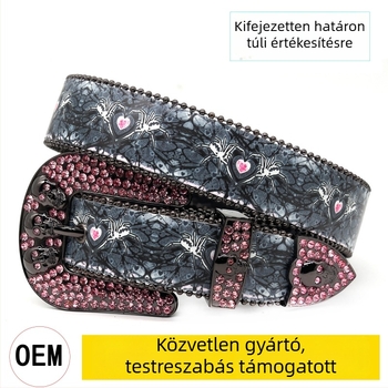 Strasszos öv koponya alakú ötvözet csattal, punk utcai stílus, szélesség 2-4 cm, méretek 105/115/125