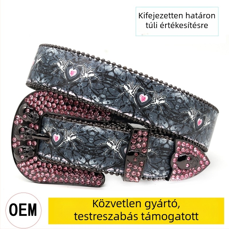Strasszos öv koponya alakú ötvözet csattal, punk utcai stílus, szélesség 2-4 cm, méretek 105/115/125