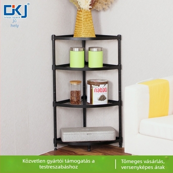 Négyemeletes sarokpadlós tároló acélból, 90×35×150 cm; többfunkciós, levehető, fúrás nélküli szerelés; fürdőszoba, konyha, hálószoba és nappali számára