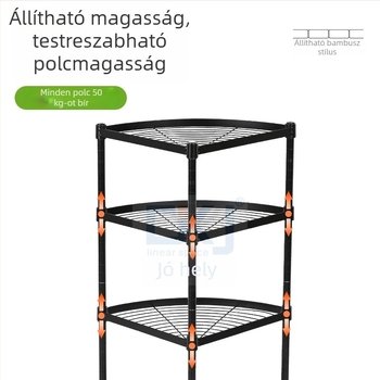 Négyemeletes sarokpadlós tároló acélból, 90×35×150 cm; többfunkciós, levehető, fúrás nélküli szerelés; fürdőszoba, konyha, hálószoba és nappali számára