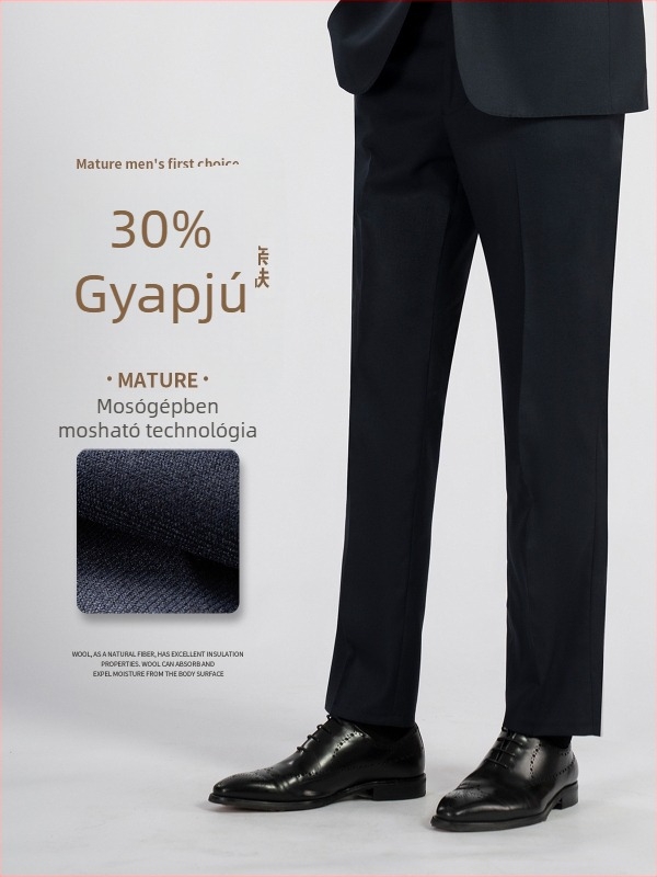 Férfi gyapjú öltöny nadrágja, 30% gyapjú, slim-fit, egyenes szár, formális nadrág