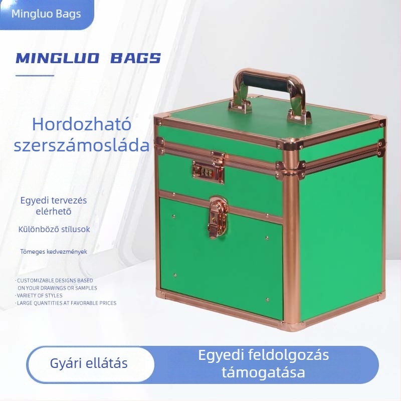 Hordozható alumínium gyógyszeres doboz adatvédelmi kóddal zárható, emelt fiókkal és beépített tükörrel