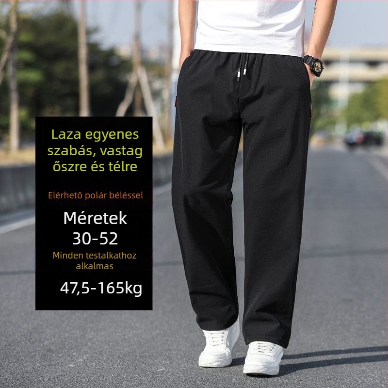 Férfiak számára készült sportos, lazán szabott nadrág, magas derék, széles szárú, plusz méret, tavasz–ősz
