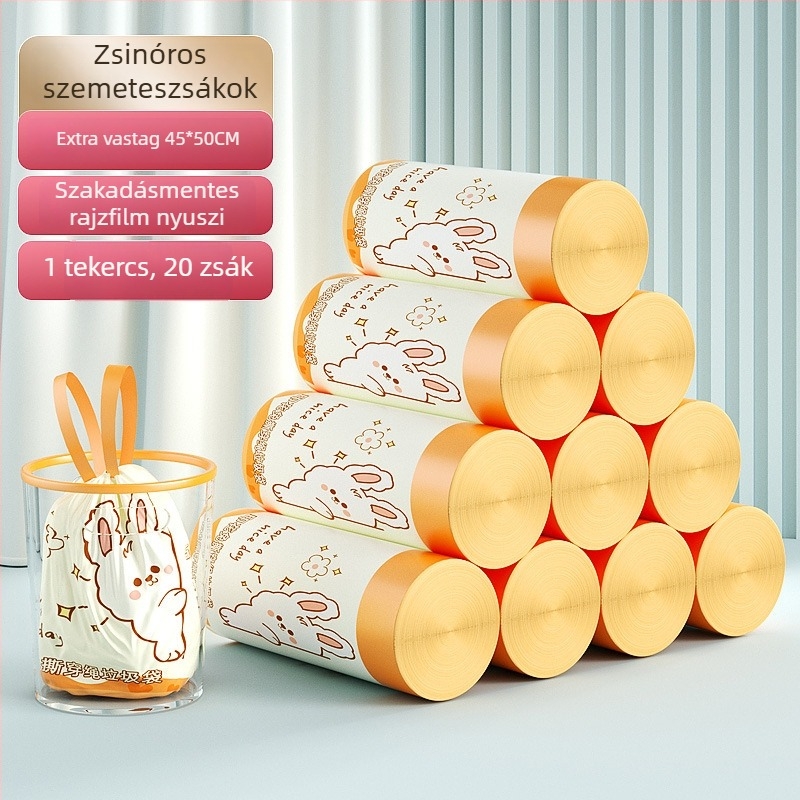 Háztartási szemeteszsák húzózsinórral, vastagított kivitel, konyhai mintás, szakadásálló, automatikus zárás, nagy méret