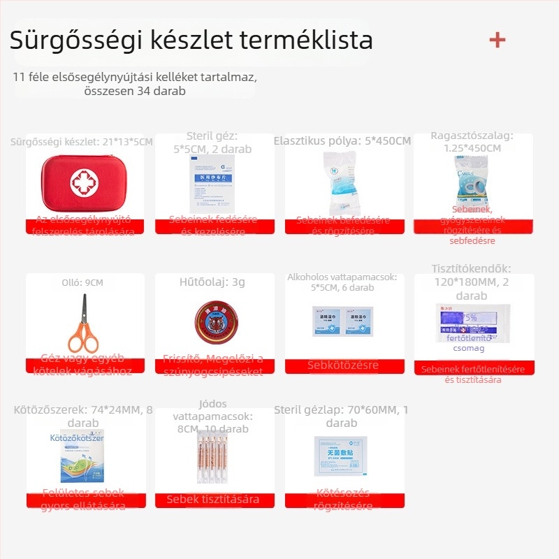 Kanazawa családi elsősegély-készlet kültéri használatra, EVA kemény tokkal, 34 darabos sürgősségi készlet autóhoz