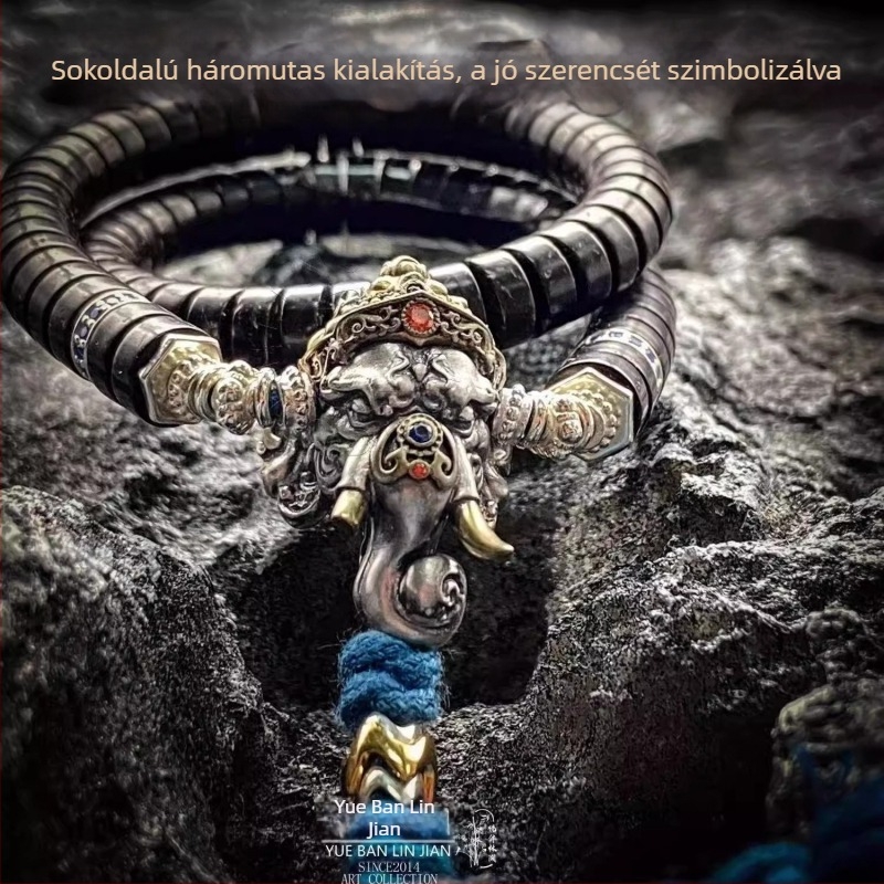 Réz ékszerkiegészítő Ganésával, elefántfaragással, beépített motívummal, retro totem stílus