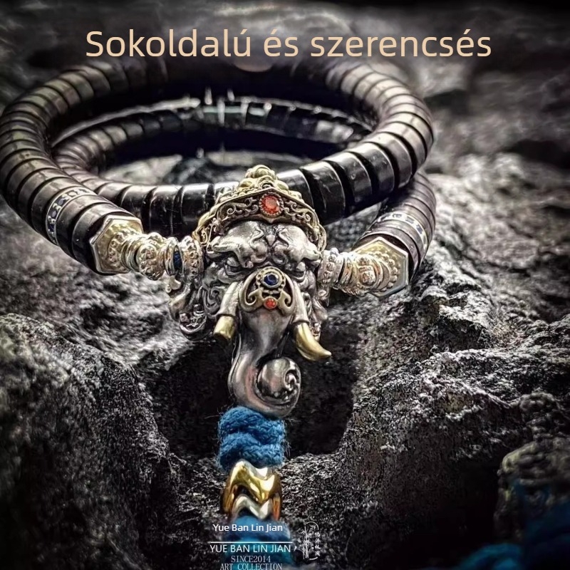 Réz ékszerkiegészítő Ganésával, elefántfaragással, beépített motívummal, retro totem stílus