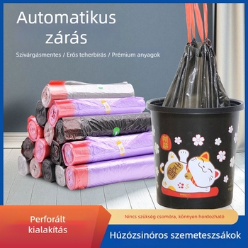Vastagított, egyszer használatos szemeteszsák kötős füllel, színes műanyag, háztartási, irodai és kollégiumi felhasználás