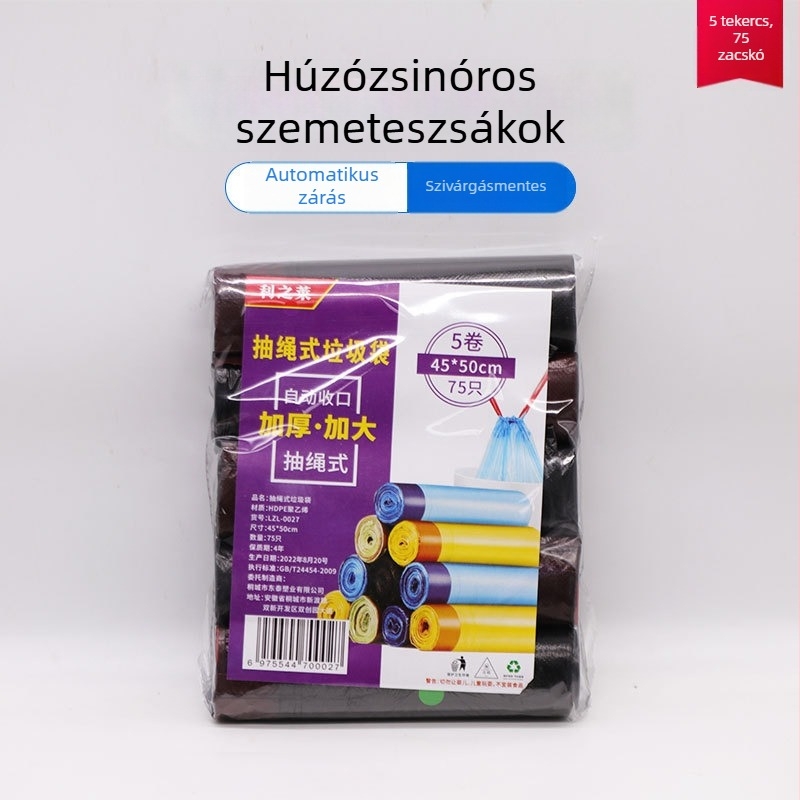 Vastagított, egyszer használatos szemeteszsák kötős füllel, színes műanyag, háztartási, irodai és kollégiumi felhasználás