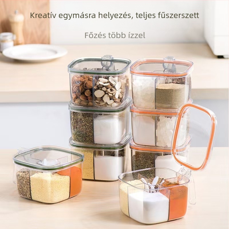 Otthoni konyhai fűszertartó készlet több rekesszel, sóhoz, MSG-hez és más fűszerekhez.