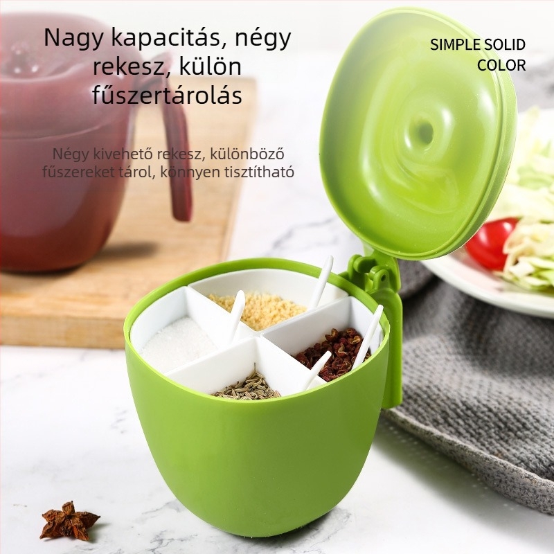 Csili fűszerdoboz levehető, mosható tartályokkal; nedvességzáró só- és fűszertároló, kanál a csomagban