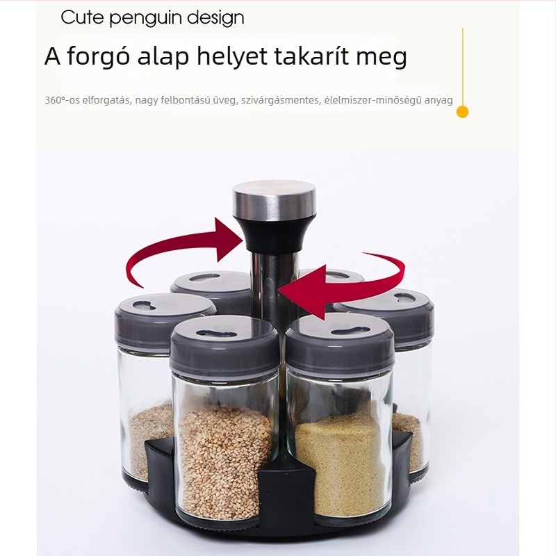 6 darabos üveg fűszertartó készlet forgó tárolóval