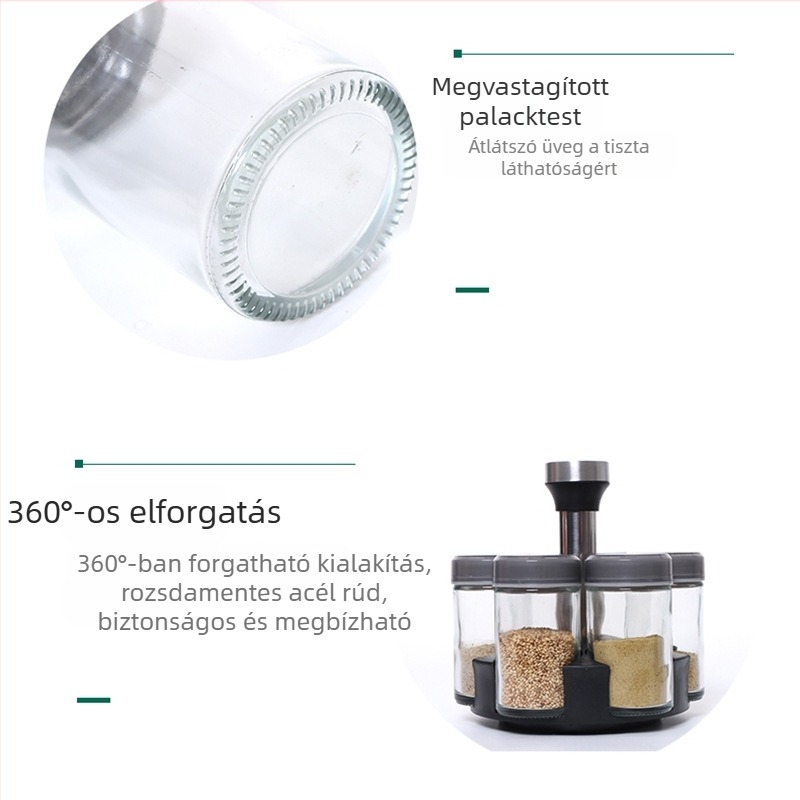 6 darabos üveg fűszertartó készlet forgó tárolóval